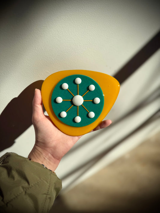 Fused Glass Atomic Wall Hanging - Marigold/Teal/White