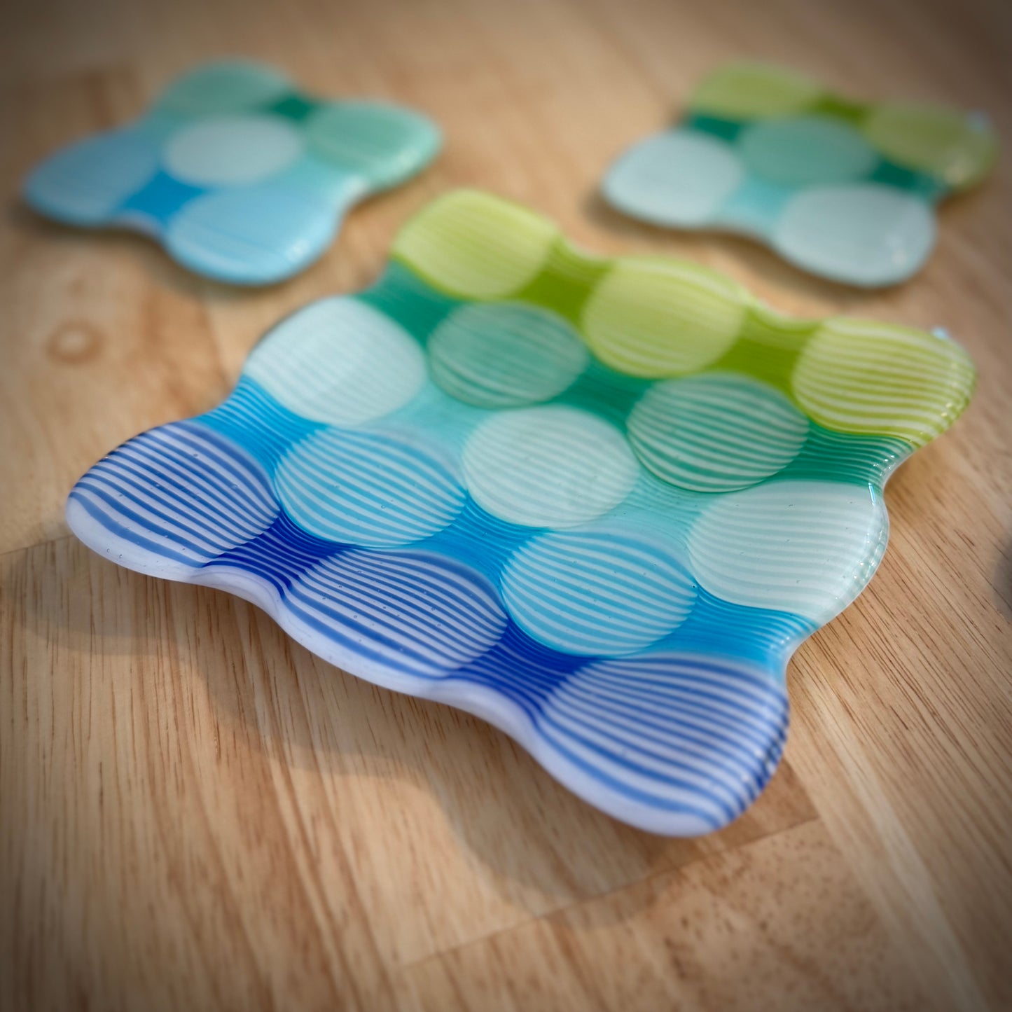 Royal Blue to Spring Green Gradient Fused Set - One 5” Catch-All Dish + Three Coasters