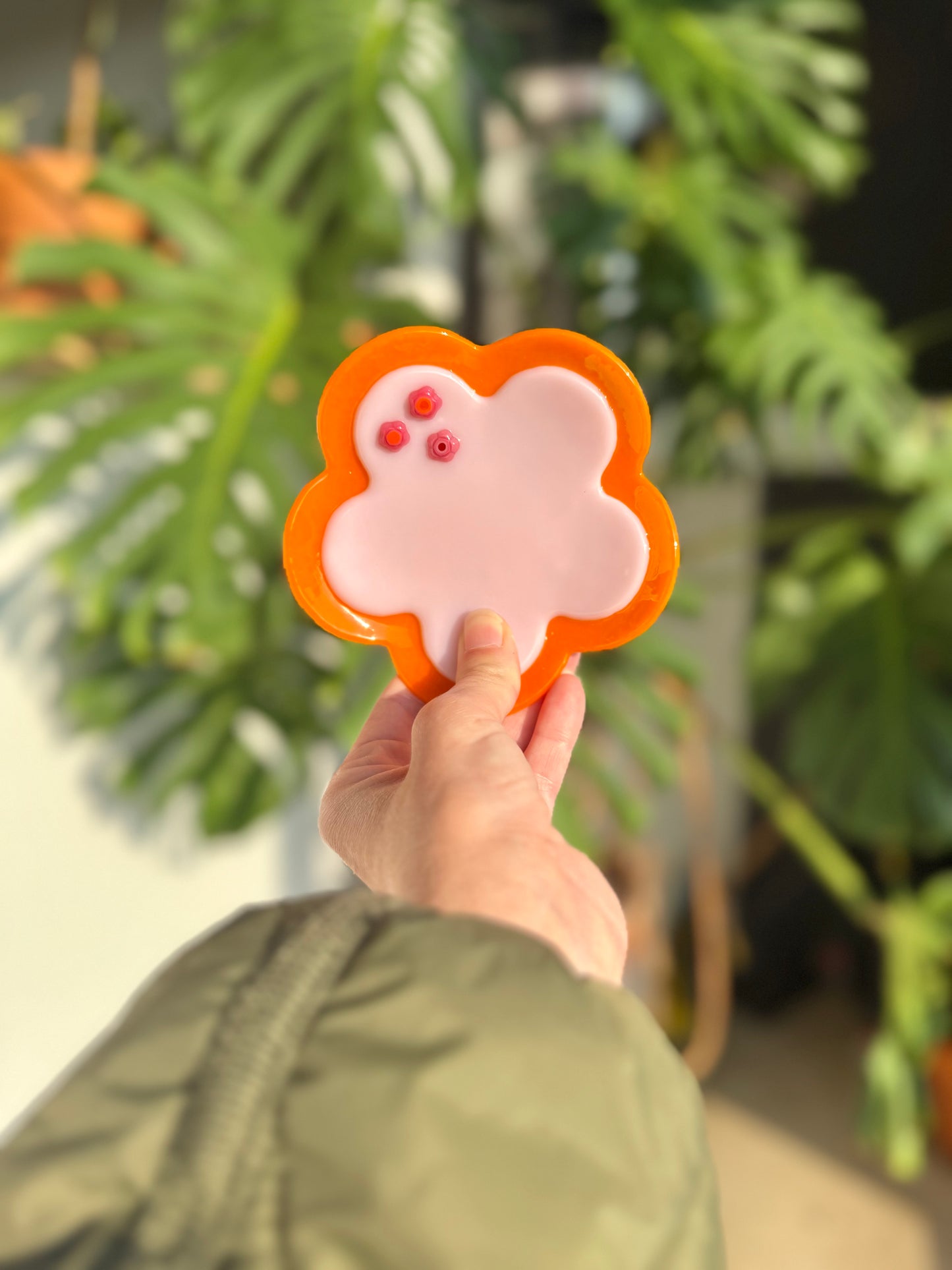 Fused Retro Flower Trinket Dish - Orange/Baby Pink/Pink