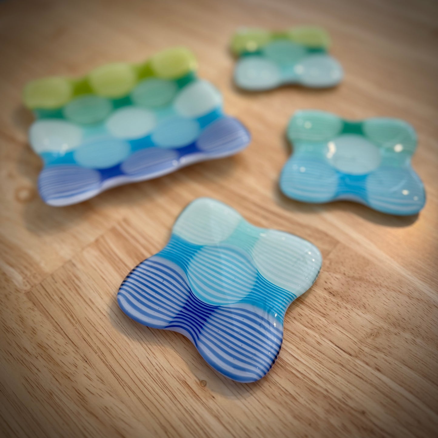 Royal Blue to Spring Green Gradient Fused Set - One 5” Catch-All Dish + Three Coasters