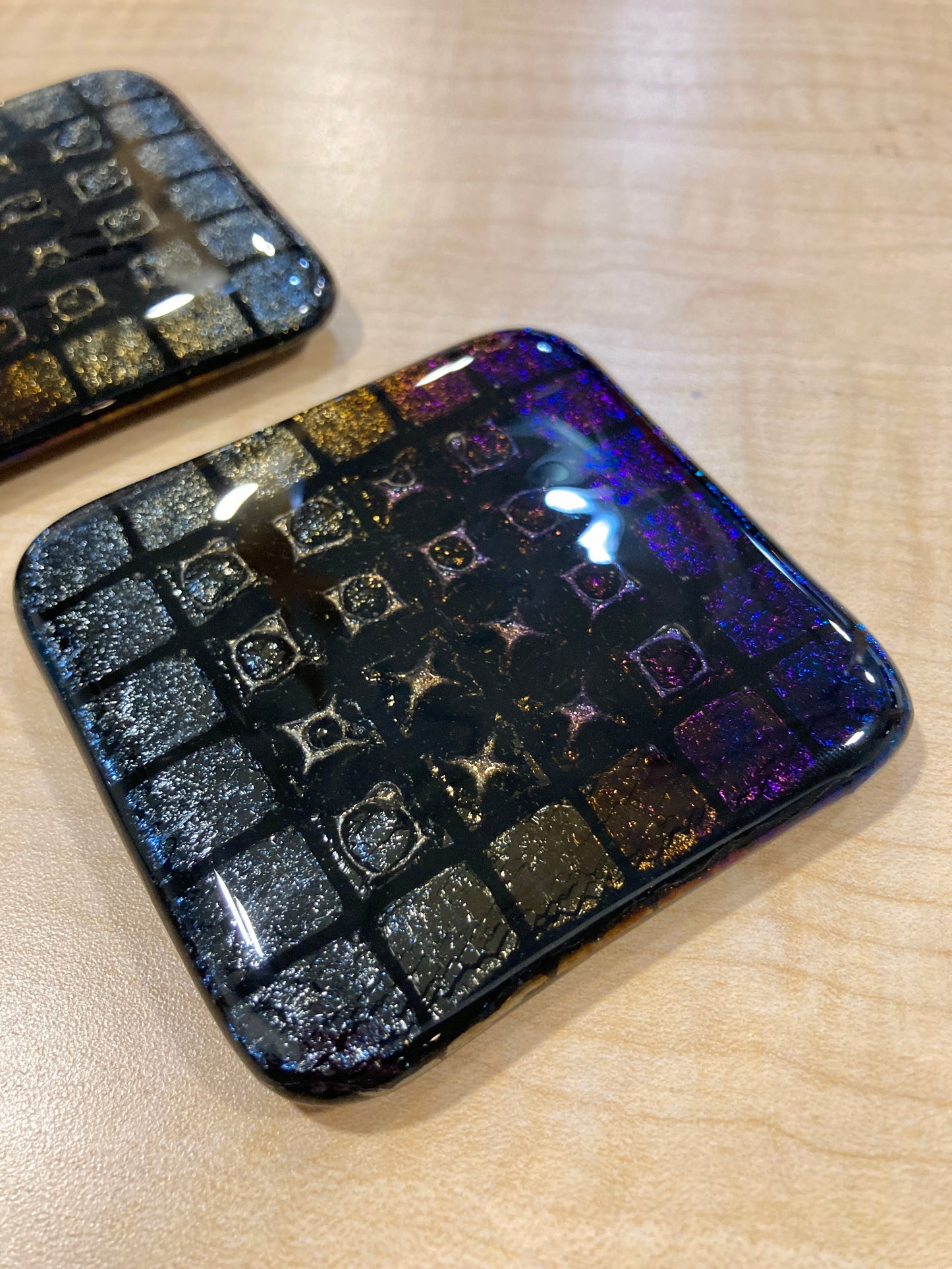 Fused Pair of 3” Black Iridescent Coasters