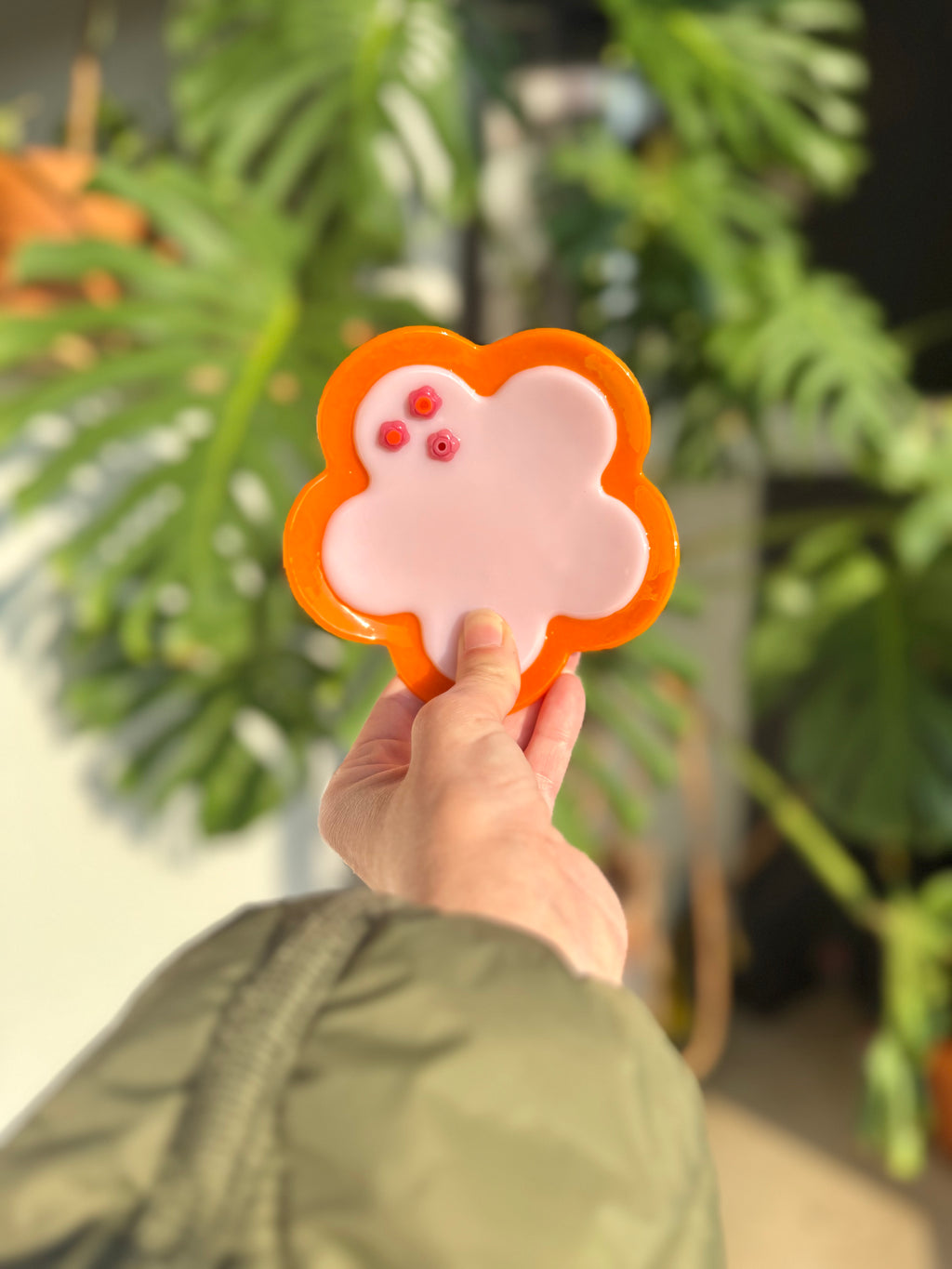 Fused Retro Flower Trinket Dish - Orange/Baby Pink/Pink