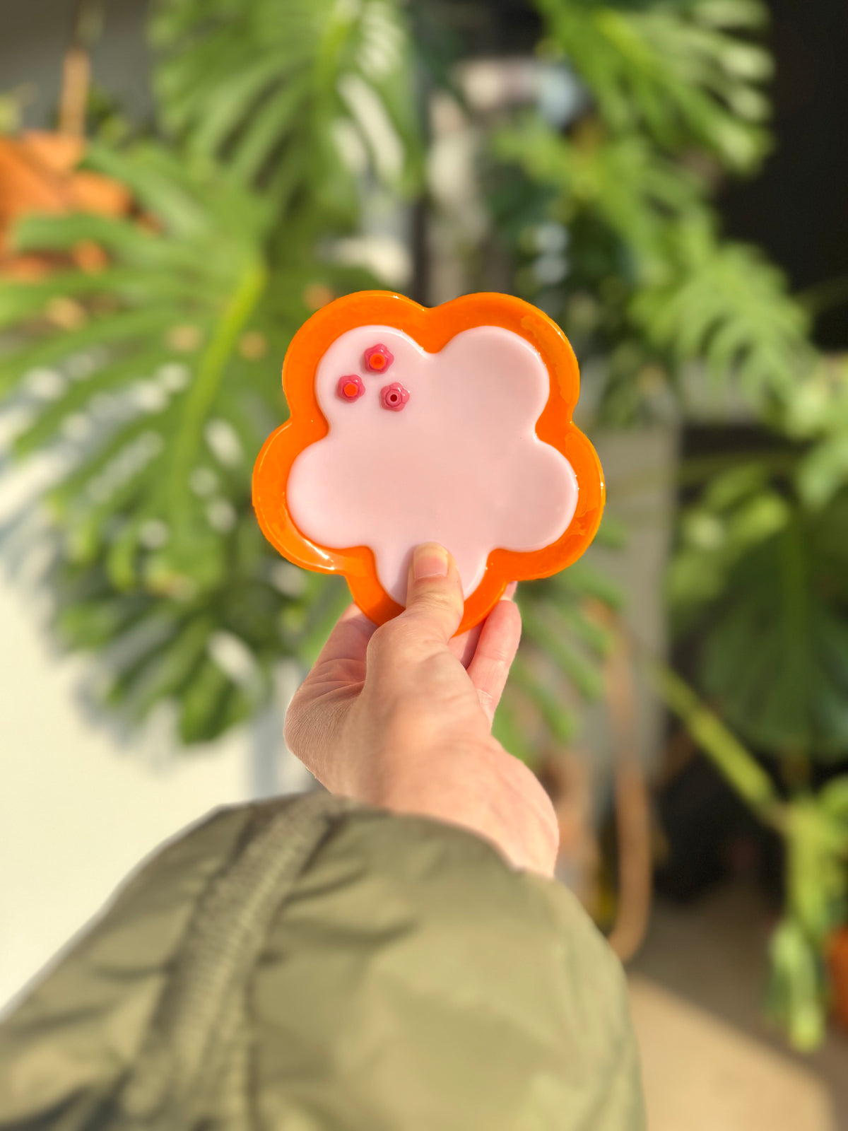 Fused Retro Flower Trinket Dish - Orange/Baby Pink/Pink