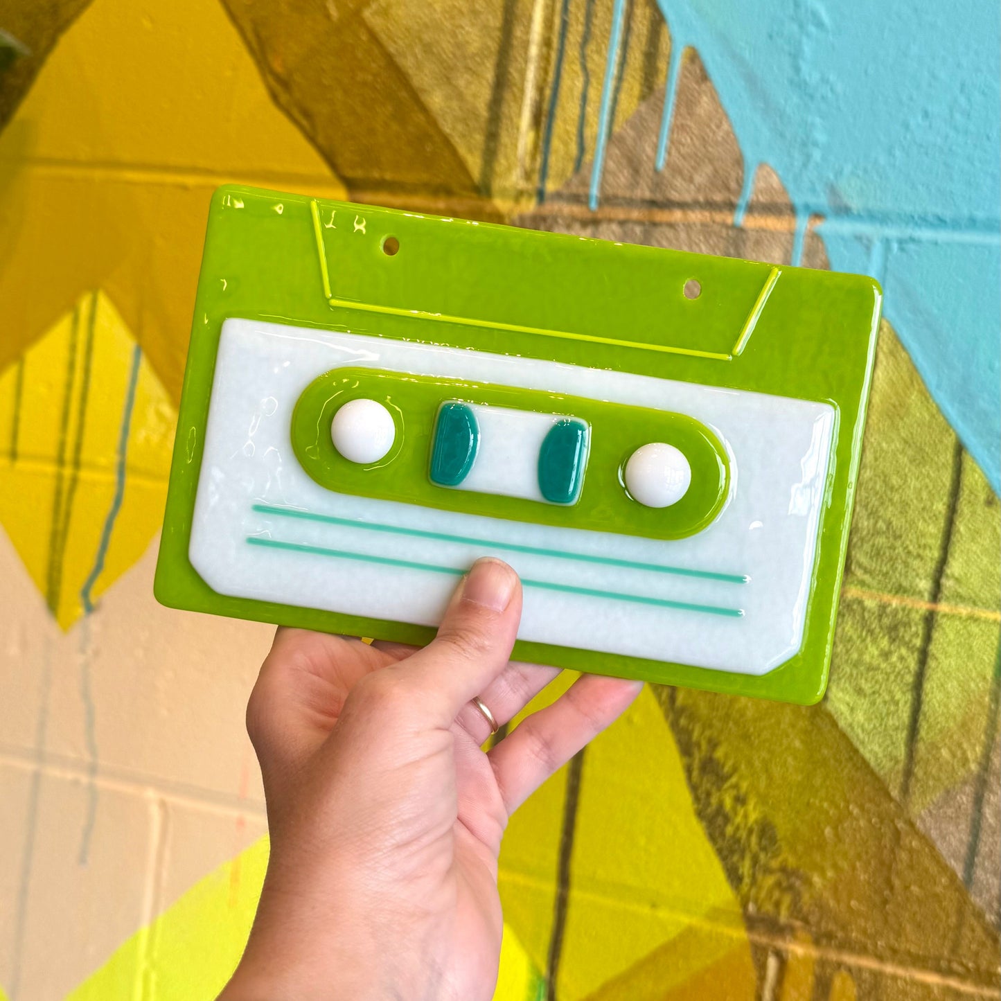 Fused Glass Cassette Tape - Spring Green/Teal