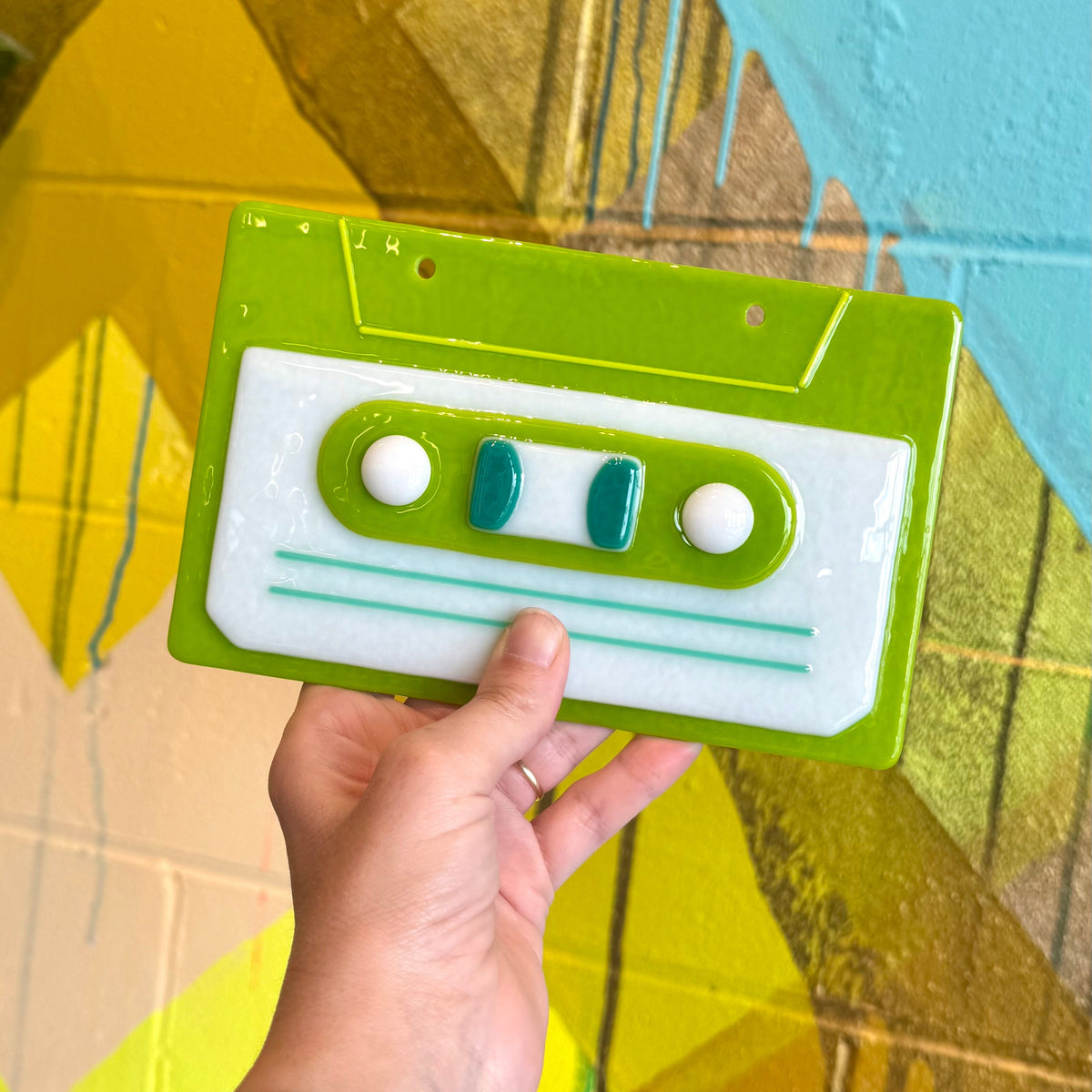 Fused Glass Cassette Tape - Spring Green/Teal
