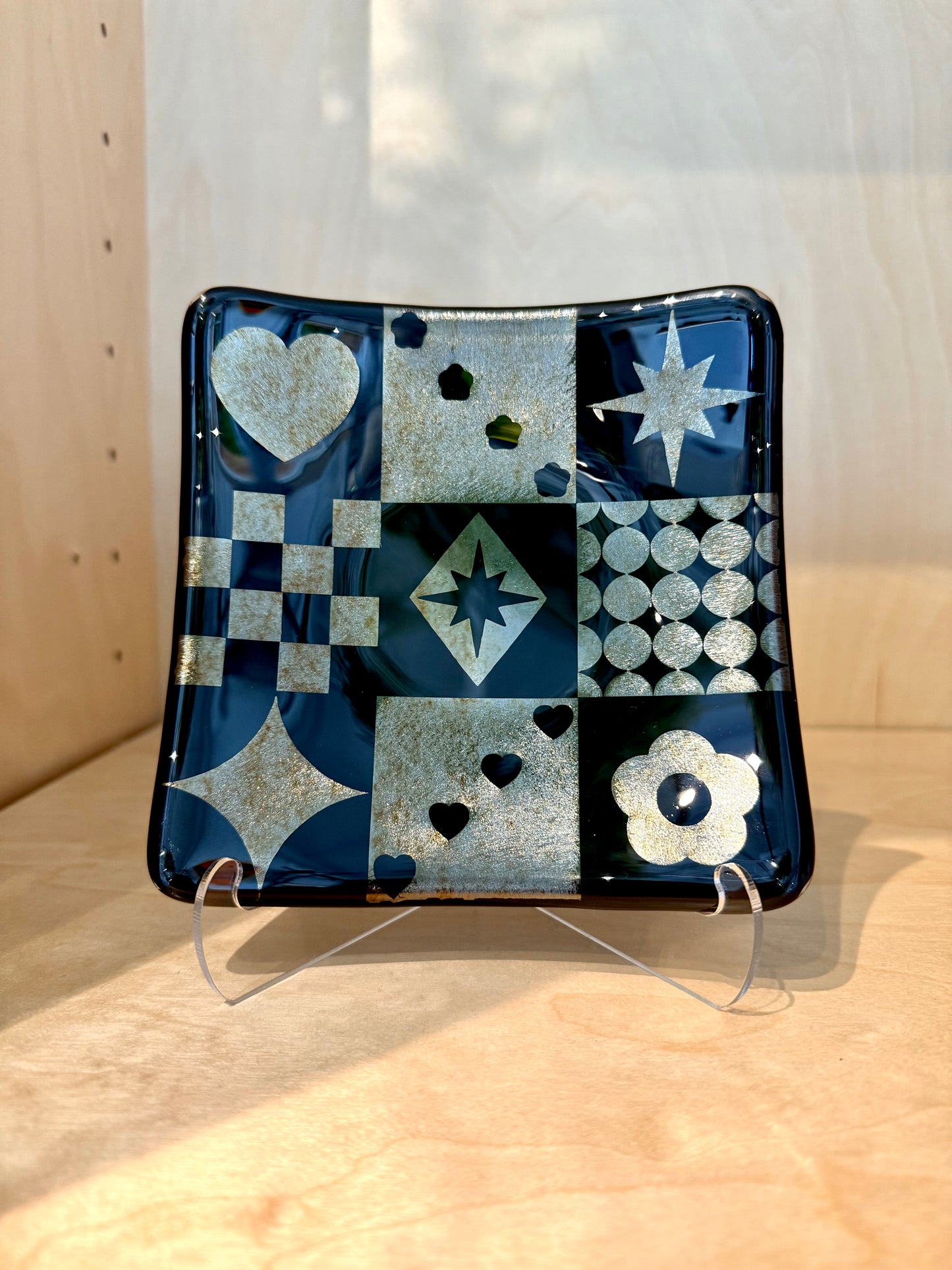 Fused 6” Square Dish in Sandblasted Black & Gold