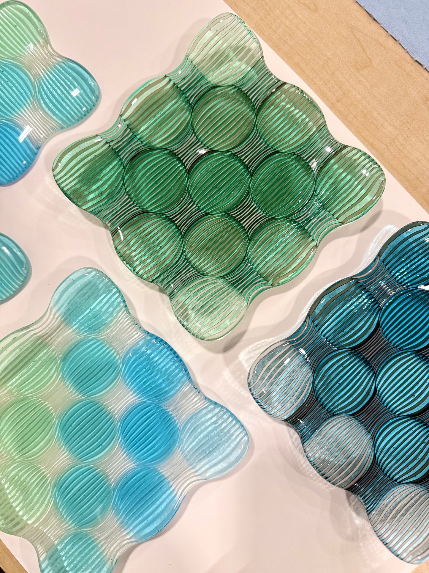 Turqouise to Emerald Ombré Fused Set - One 5” Catch-All Dish + Two Coasters