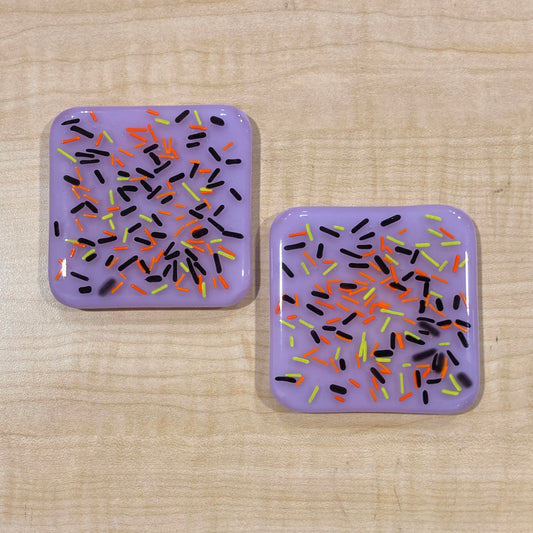 Fused Pair of 3” Neo-Lavender Spooky Season Sprinkle Coasters (seconds)