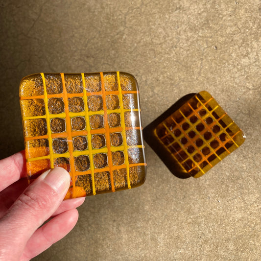 Fused Pair of 3” Amber Iridescent Grid Coasters (seconds)