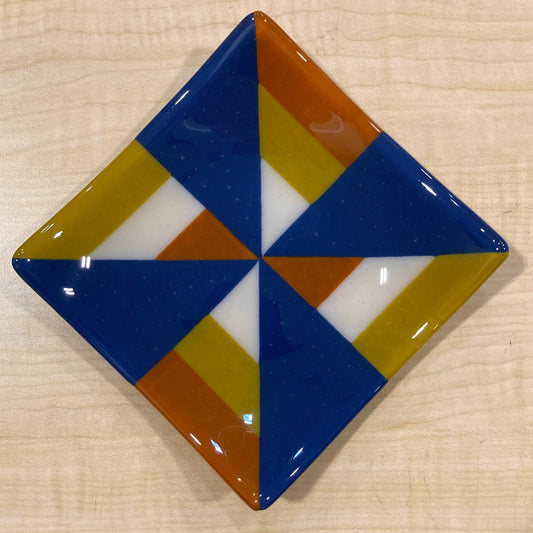 Colorblock Fused 6” Square Catch All Dish Golden Green/Rust/Indigo