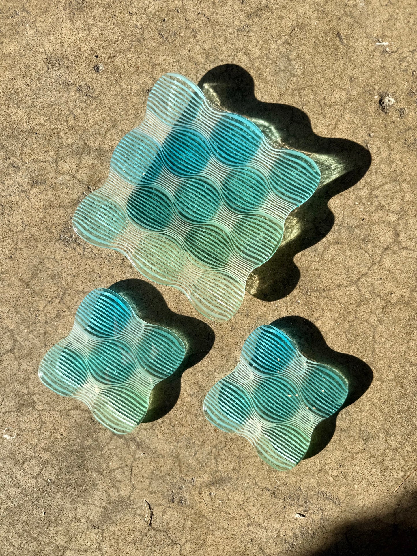 Turqouise to Emerald Ombré Fused Set - One 5” Catch-All Dish + Two Coasters