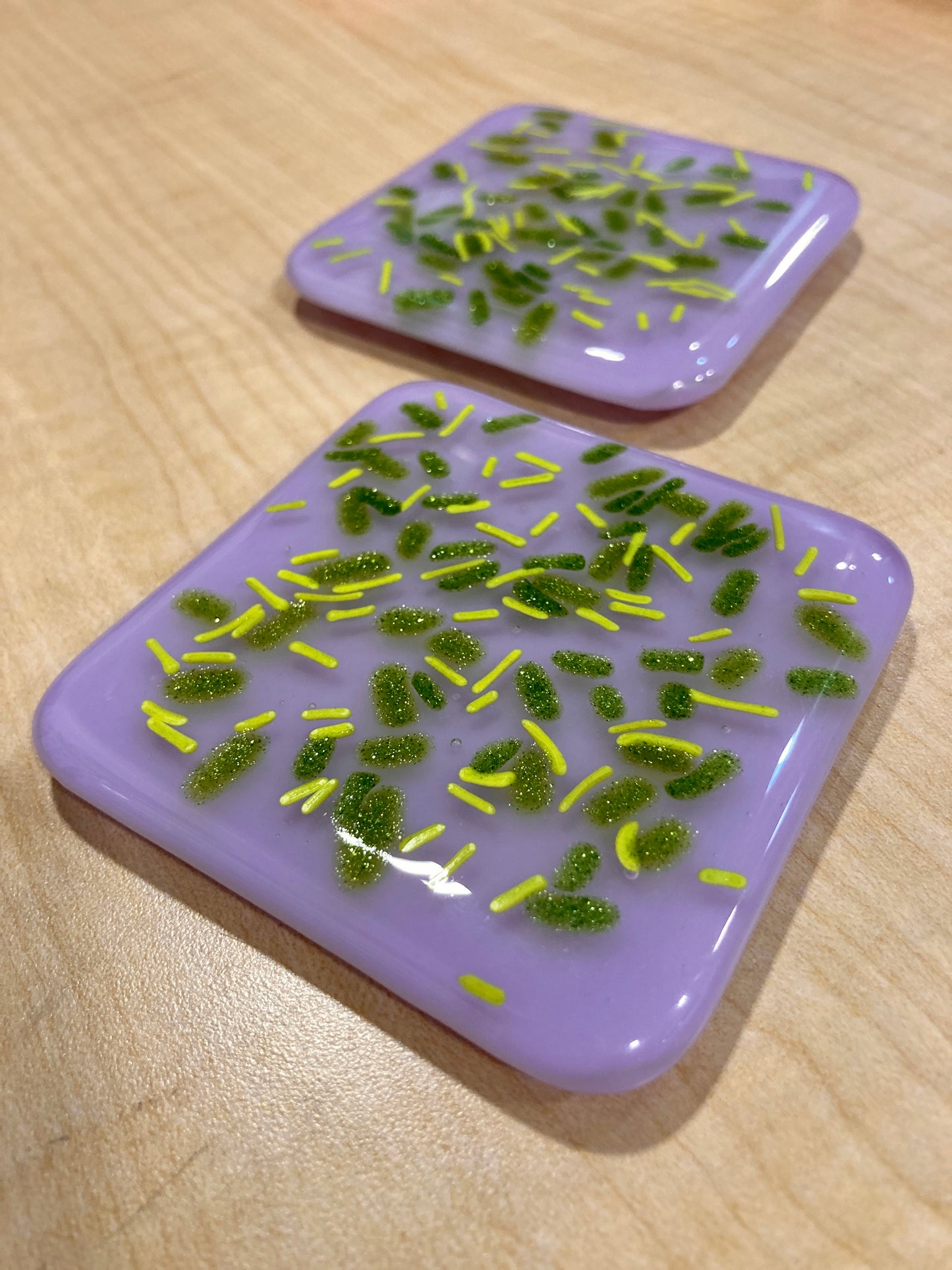 Fused Pair of 3” Neo-Lavender/Green Sparkle Sprinkle Coasters