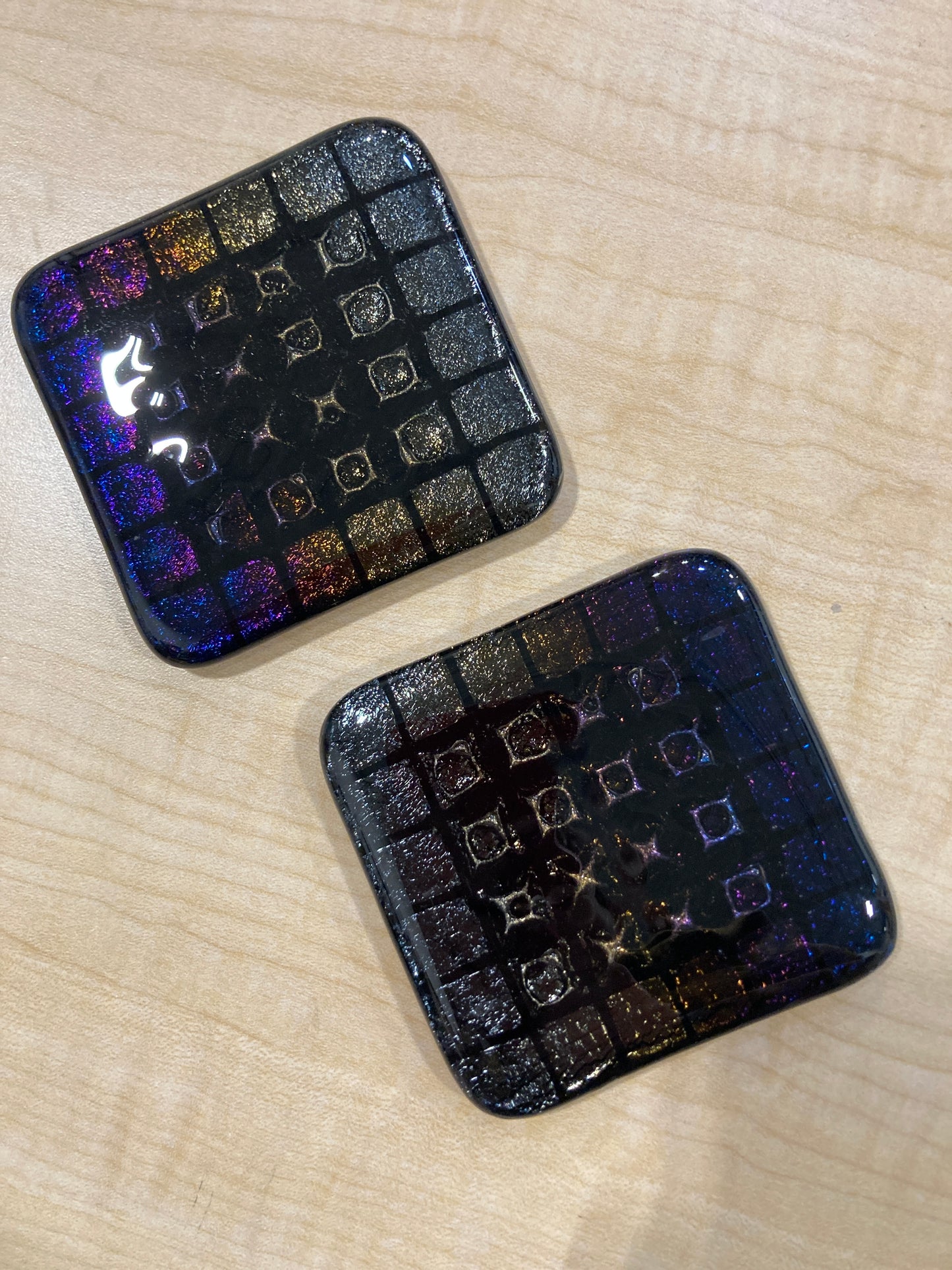 Fused Pair of 3” Black Iridescent Coasters