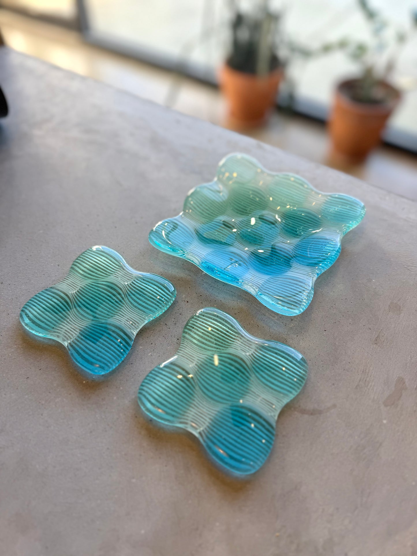 Turqouise to Emerald Ombré Fused Set - One 5” Catch-All Dish + Two Coasters