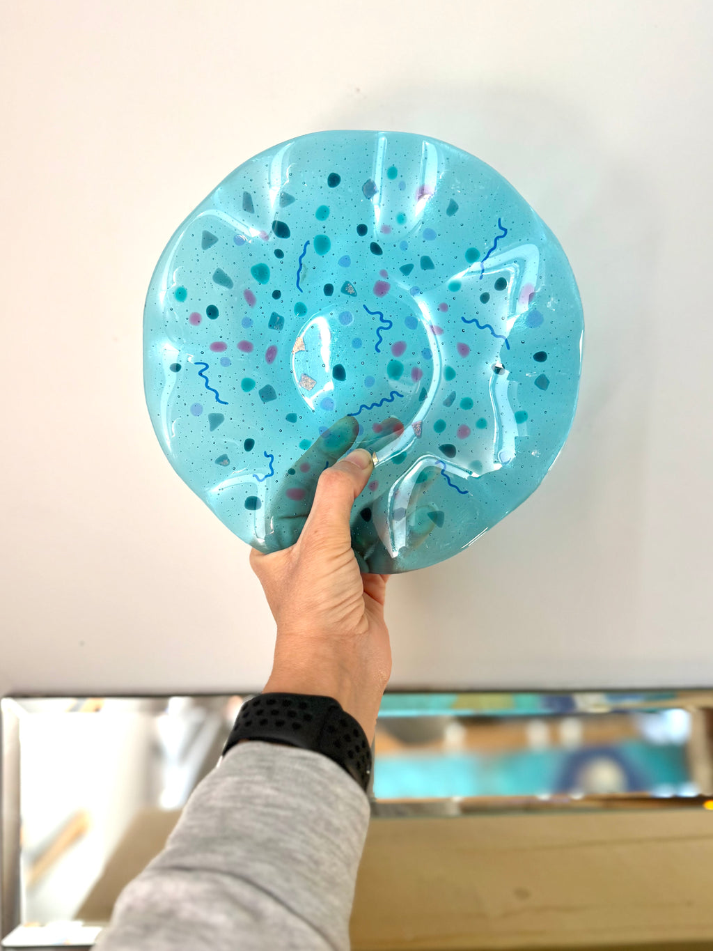Fused 8.25” Scalloped Bowl in Turquoise Confetti