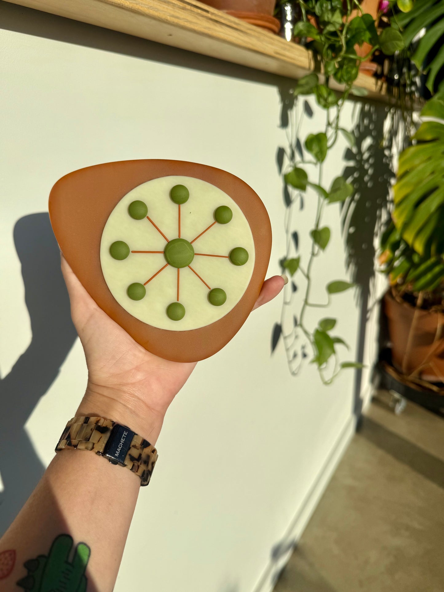 Fused Glass Atomic Wall Hanging - Sandblasted Burnt Orange/Cream/Avocado