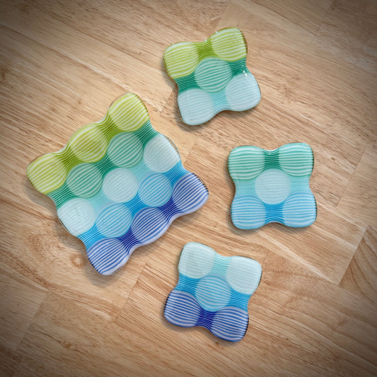 Royal Blue to Spring Green Gradient Fused Set - One 5” Catch-All Dish + Three Coasters