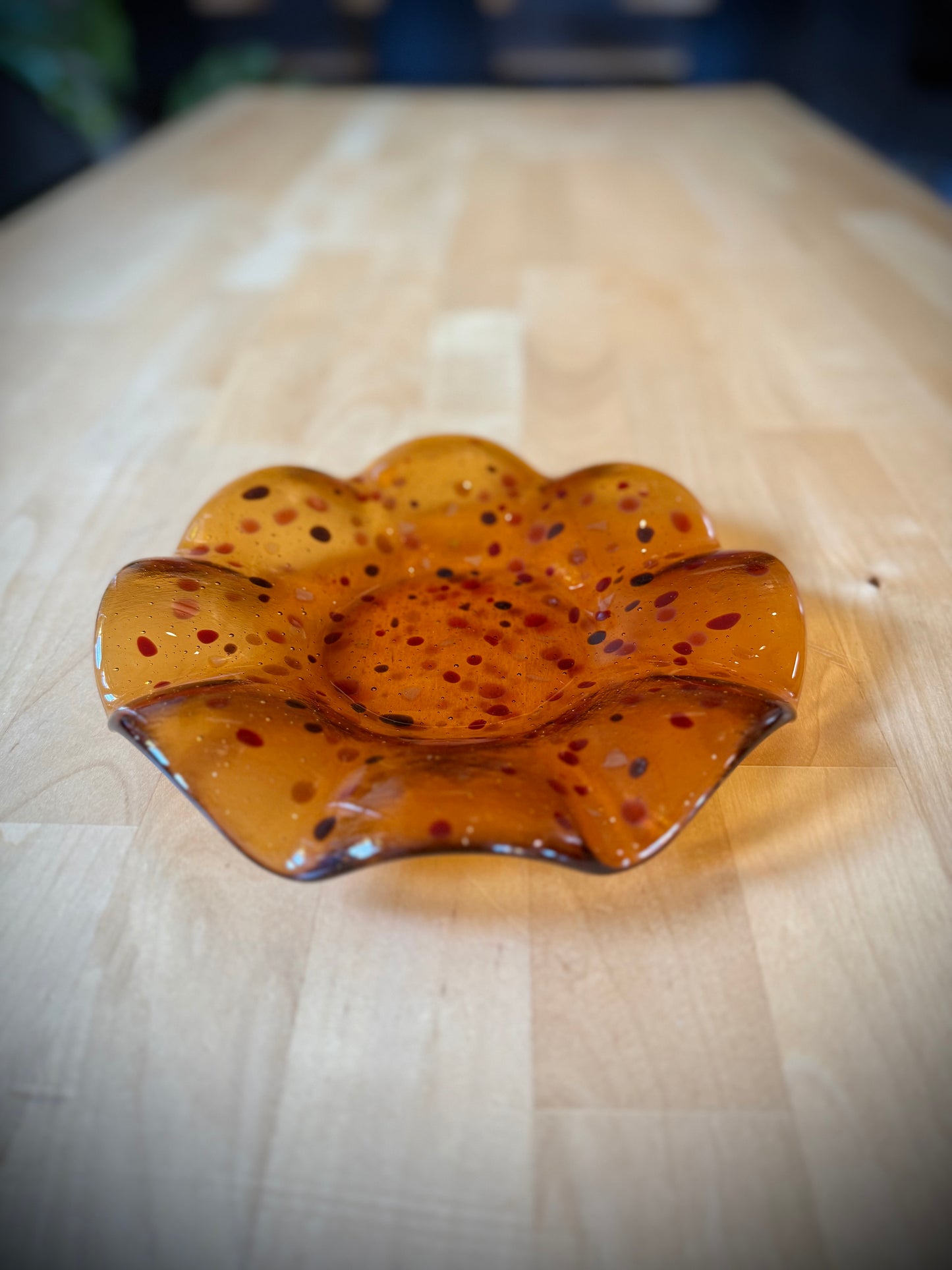 Fused 8.25” Scalloped Bowl in Speckled Amber