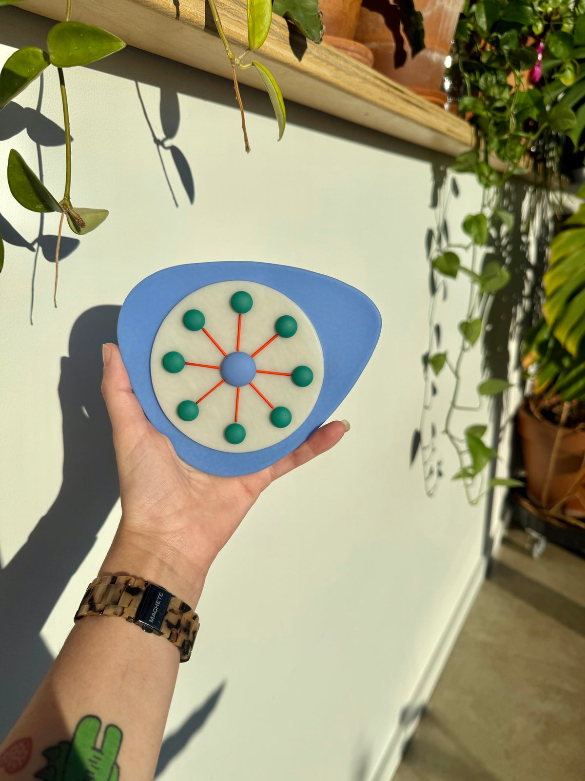Fused and Sandblasted Glass Atomic Wall Hanging - Periwinkle/Orange/Teal/Cream