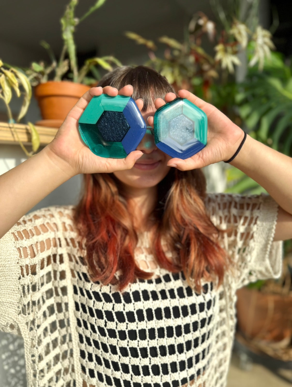 Fused Pair of 3.75” Sparkling Gem Coasters - Blue/Teal