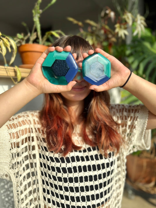 Fused Pair of 3.75” Sparkling Gem Coasters - Blue/Teal